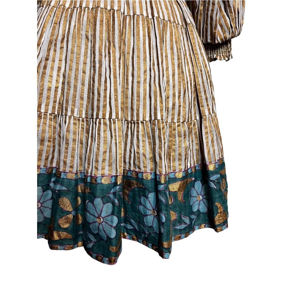 OLIPHANT Dress S Smocked High Neck Mini Gold Striped Block Print Balloon Sleeve - Picture 6 of 8